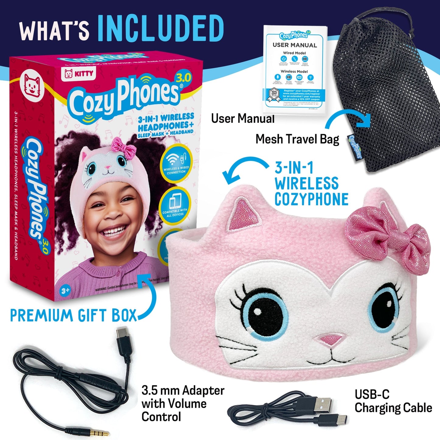 CozyPhones Kids Headband Headphones (Kitty)